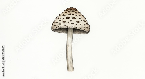 Detailed illustration of a mushroom with brown spots on its cap and a slender stem, set against a stark white background.