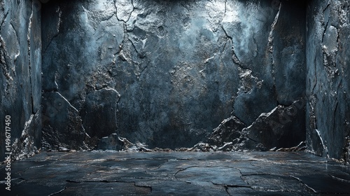 A dramatic, textured wall with blue and gray color grading and a subtle floor area
