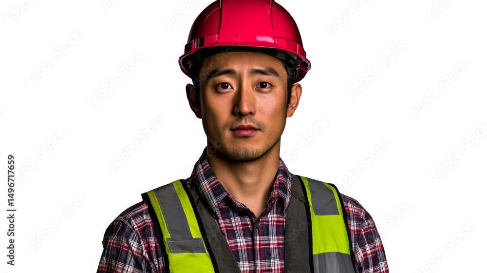 Fototapeta premium Asian Construction Worker Portrait in Hard Hat, Vest, cut out transparent