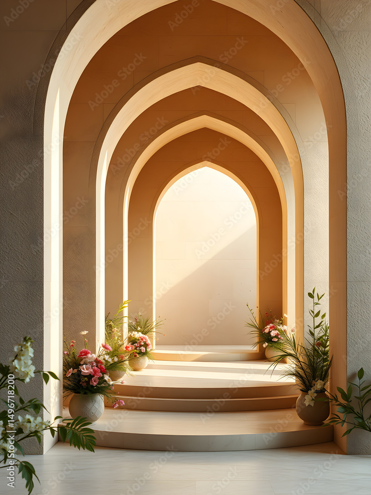 Fototapeta premium Sunlit Architectural Archway with Flowers and Steps
