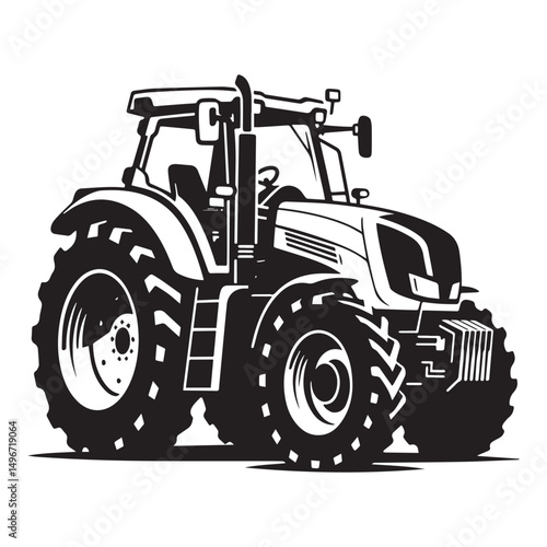 A black and white vector illustration of a modern agricultural tractor in side profile