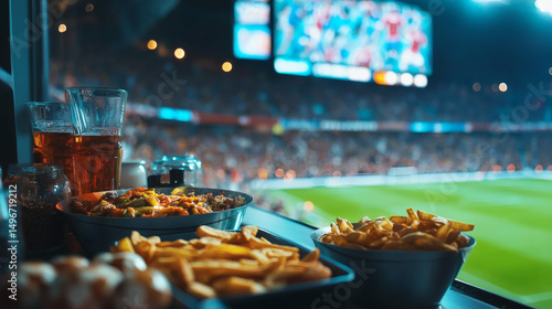A vibrant concession stand displays various snacks in a lively stadium, with fans eagerly enjoying the game in the background and a bright menu board
