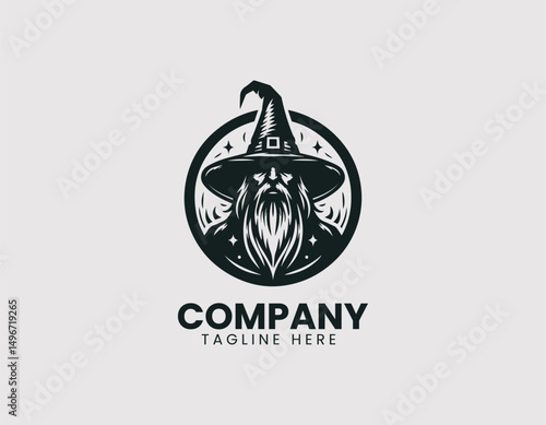 Mystical Old Wizard Illustration with Pointed Hat Vector Logo Design