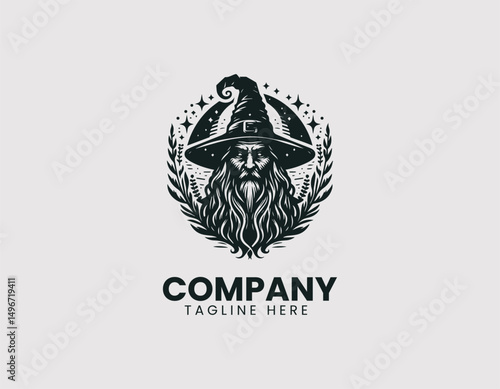 Mystical Old Wizard Illustration with Pointed Hat Vector Logo Design