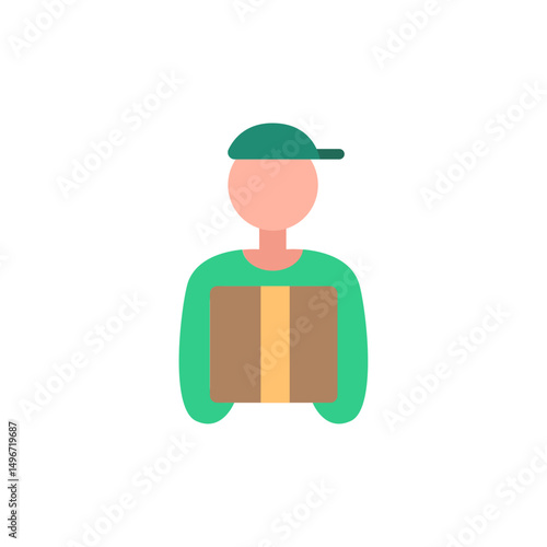 Simplified delivery person with package, emphasizing logistical efficiency and service