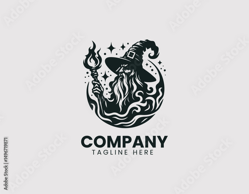 Mystical Old Wizard Illustration with Pointed Hat Vector Logo Design