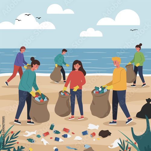 People Cleaning Beach Collecting Trash Into Bags Environmental Cleanup