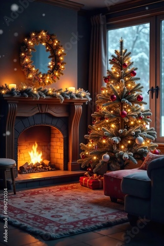 Wallpaper Mural A cozy winter scene featuring a fireplace, decorated Christmas tree, and warm, inviting lighting, perfect for holiday celebrations and winter themes , cozy, evergreen Torontodigital.ca