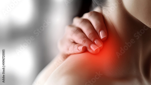 Woman holding her shoulder, feeling pain.
