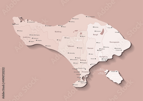 Vector isolated illustration. Simplified beige administrative map of Bali, Indonesia with nearest island Nusa Penida. Brown background. Names of cities, villages and Regencies