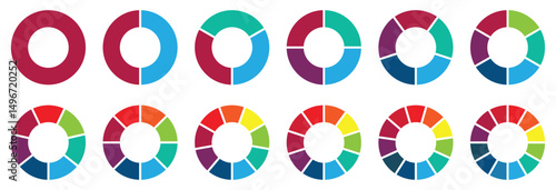 Pie chart set, segmented circle icons with circle diagram. Infographic wheel segment or sections parts. Pie chart divided Circle diagram collection. Color pizza or donut round diagram. Vector set 