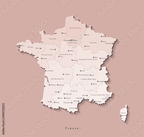 Vector isolated modern illustration. Simplified geographical map of France, Mainland region. Beige shape, brown background. Names of big french cities and regions.