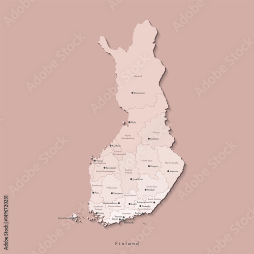 Vector isolated illustration. Simplified administrative map of Finland. Names of big finnish cities and regions. Beige colors. Brown background