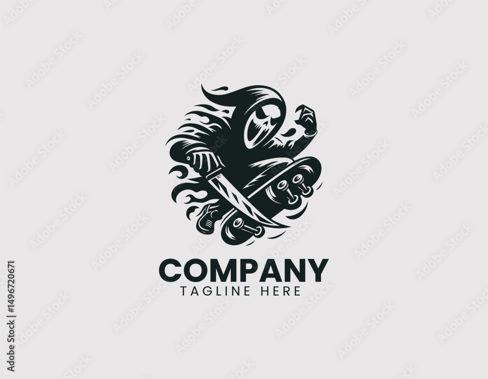 Obraz premium Dynamic Ghost Face Character on Skateboard with Menacing Knife Vector Logo Design
