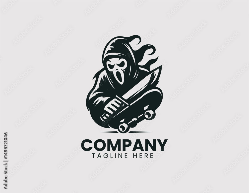Dynamic Ghost Face Character on Skateboard with Menacing Knife Vector Logo Design Dynamic Ghost Face Character on Skateboard with Menacing Knife Vector Logo Design