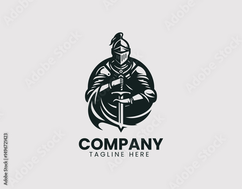 Noble Medieval Knight in Full Armor Holding Sword Vector Logo Design