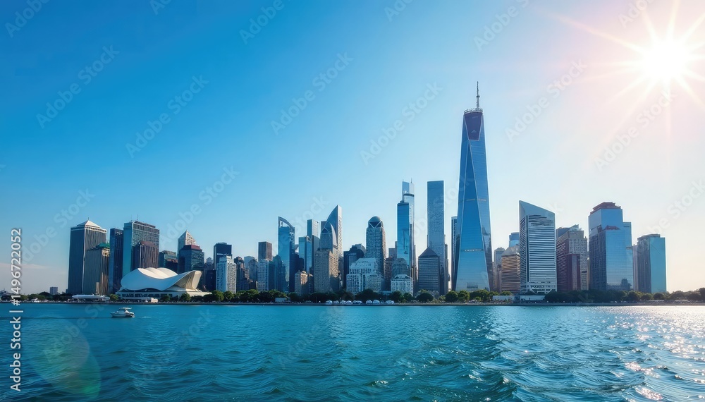 Fototapeta premium Bright sunny day, city skyline gleaming under clear blue sky Tall buildings, modern architecture, urban landscape , concrete, skyline, sunlight