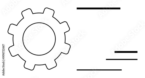 Large mechanical gear next to horizontal lines emphasizing workflow, automation, and precision. Ideal for technology, engineering, productivity, system optimization, process design, innovation flat