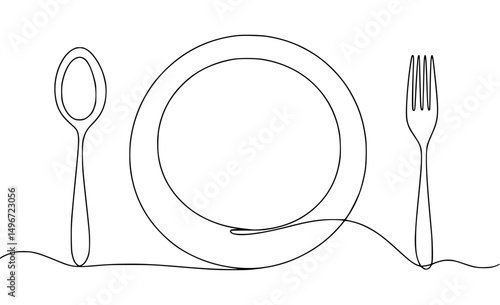 Continuous line art of plate spoon and fork