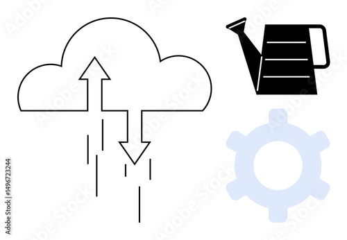 Cloud with arrows indicates data exchange, paired with a watering can symbolizing nurturing and a gear for innovation and processes. Ideal for technology, growth, management, sustainability, data