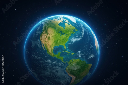 View of planet Earth from space with stars in the background, glowing atmosphere, showing North America, symbol of unity and environmental awareness, high-resolution digital art