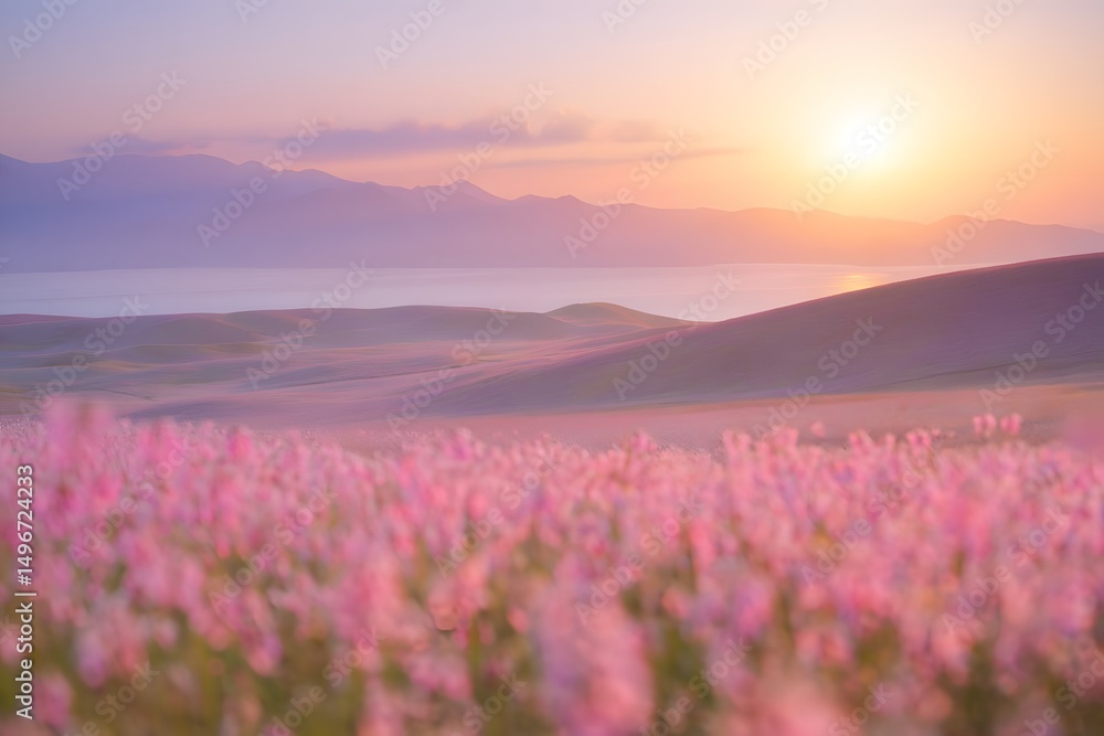 Obraz premium An ethereal sunrise paints a serene landscape, featuring a vibrant field of pink flowers set against a backdrop of rolling hills and a tranquil lake. 