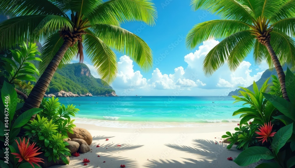 Fototapeta premium Lush tropical paradise scene with vibrant foliage, turquoise water, and white sand beach , summer, beautiful