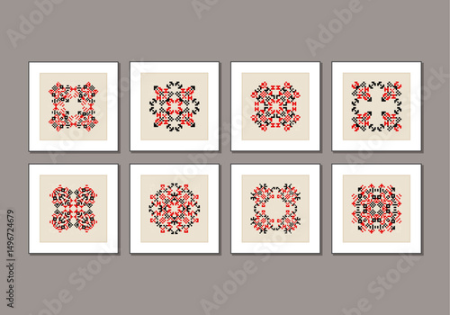 Set of traditional Ukrainian folk knitted embroidery ethnic mandala ornament vyshyvanka