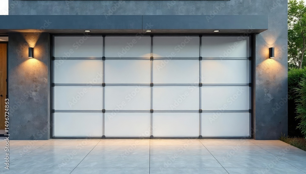 Naklejka premium Modern double garage doors open wide, revealing a clean, bright interior , residential architecture, real estate