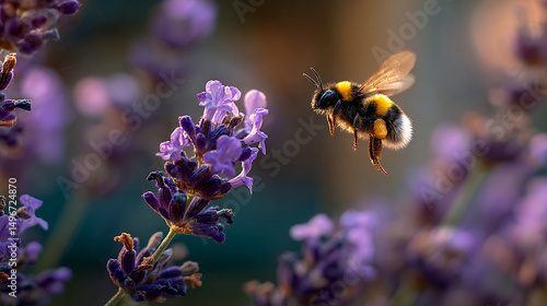 Wallpaper Mural Bee hovering gracefully over lavender flower, feeling cheerful in bright day Torontodigital.ca