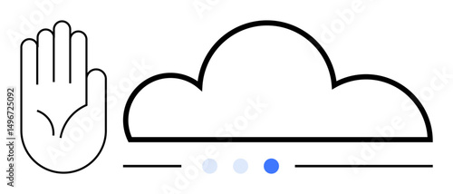 Outstretched hand beside a cloud outline with three progress dots. Ideal for security, data sharing, storage, cloud access, technology, privacy, simple landing page