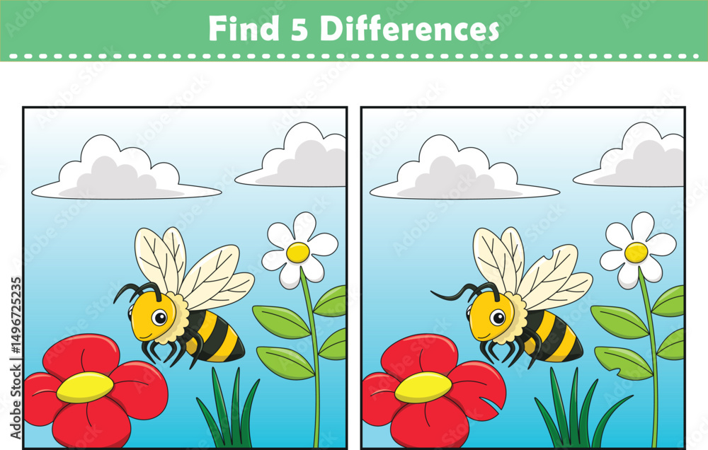 Fototapeta premium Funny cartoon bee. Find 5 differences. Kids Education games. Cartoon vector illustration