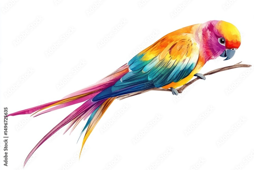 Obraz premium exotic parrot with bright feathers on branch isolate on white background