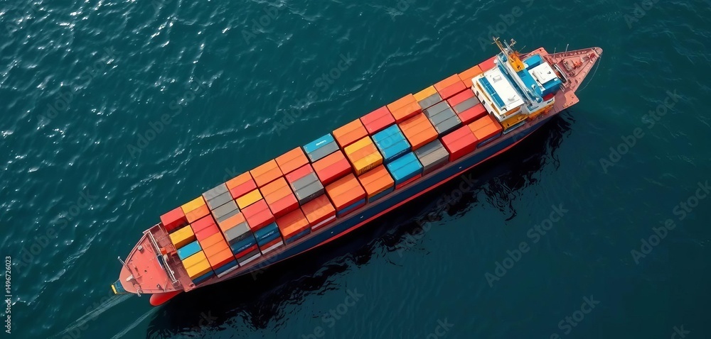 Fototapeta premium Overhead view of container ship, digital export control map overlay, supply chain, logistics