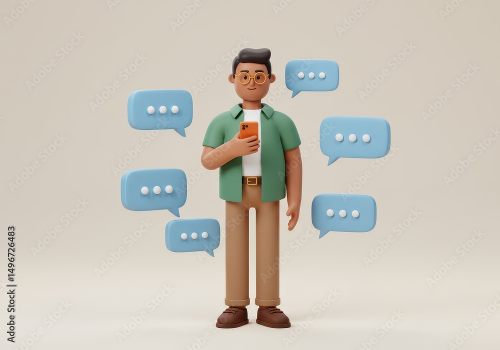 3D Illustration of Cartoon man with smartphone surrounded by speech bubbles isolated on white background 3D Illustration of Cartoon man with smartphone surrounded by speech bubbles isolated on white background
