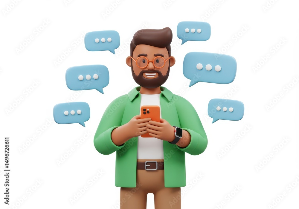 3D Illustration of Man using smartphone surrounded by speech bubbles isolated on white background 3D Illustration of Man using smartphone surrounded by speech bubbles isolated on white background
