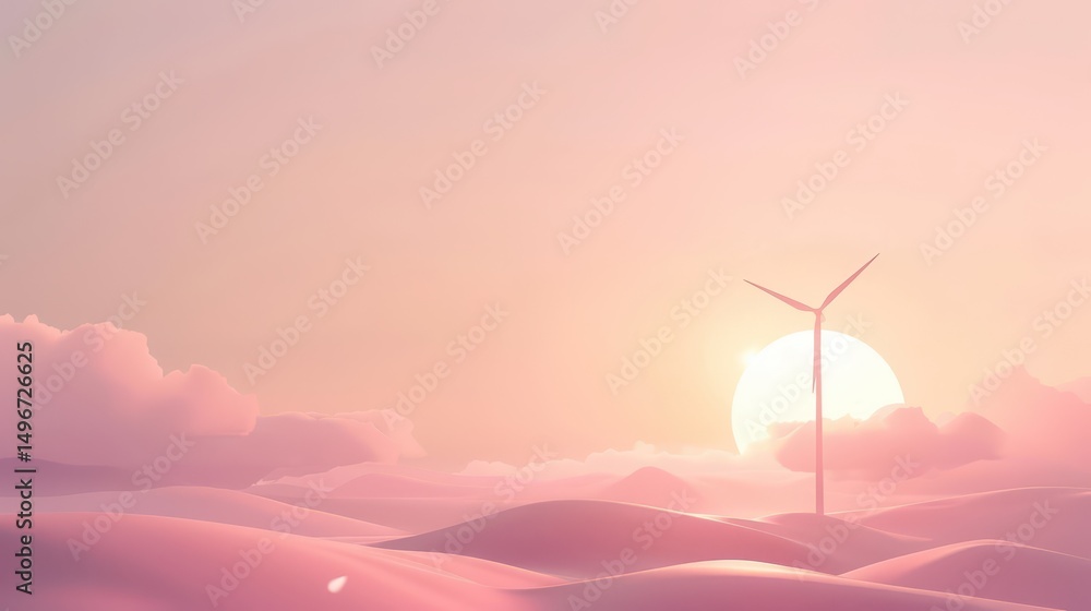 Fototapeta premium Serene sunset over wind turbine in desert landscape for global wind day celebration. Horizontal banner. Copy space. Wind Energy Day. Green energy, alternative energy, renewable energy