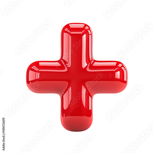 Glossy three dimensional red plus sign isolated on a black background