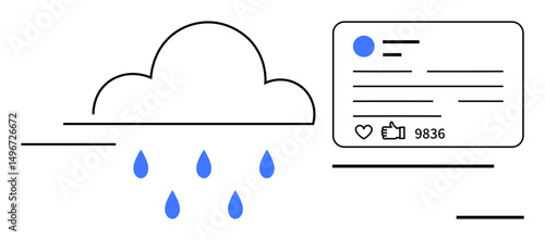 Cloud releasing raindrops near a social media post with thumbs ups and comments. Ideal for technology, social media, networking, online interaction, cloud computing, connectivity, simple landing page