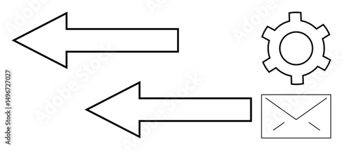 Two large arrows facing opposite directions alongside a gear and an envelope symbol. Ideal for workflow, email, communication, process management, teamwork, automation, and simple landing page