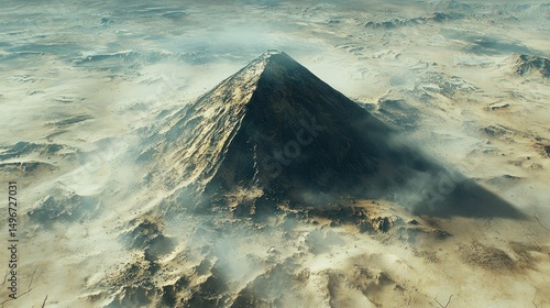 Pyramid rises from misty desert landscape