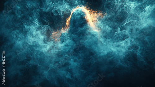 A chilling canvas of swirling emerald and azure smoke, a spectral enigma against the stark backdrop of a velvety black void, hinting at a hidden horror lurking beneath the veil of mystery 