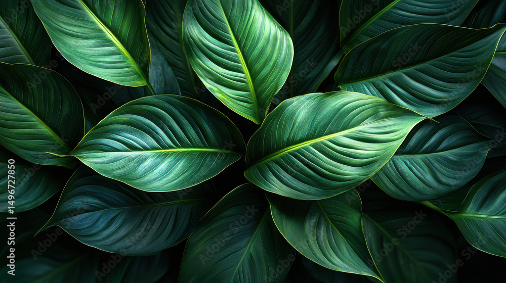 A close-up macro shot captures the vibrant details of a spathiphyllum cannifolium leaf, showcasing its smooth, glossy surface and delicate veins against a dark, moody tropical forest backdrop, A close-up macro shot captures the vibrant details of a spathiphyllum cannifolium leaf, showcasing its smooth, glossy surface and delicate veins against a dark, moody tropical forest backdrop,
