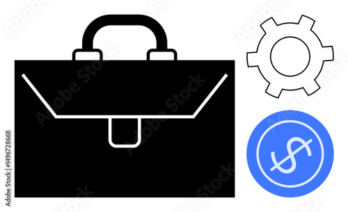 Black briefcase, white gear, and blue dollar sign symbolizing business, finance, productivity, and efficiency. Ideal for entrepreneurship, corporate strategy, active management investment planning