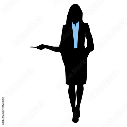 Silhouette businesswoman with suit presenting icon for leadership, meeting, and pitch visuals. Ideal for team presentation, marketing, and communication design projects.
