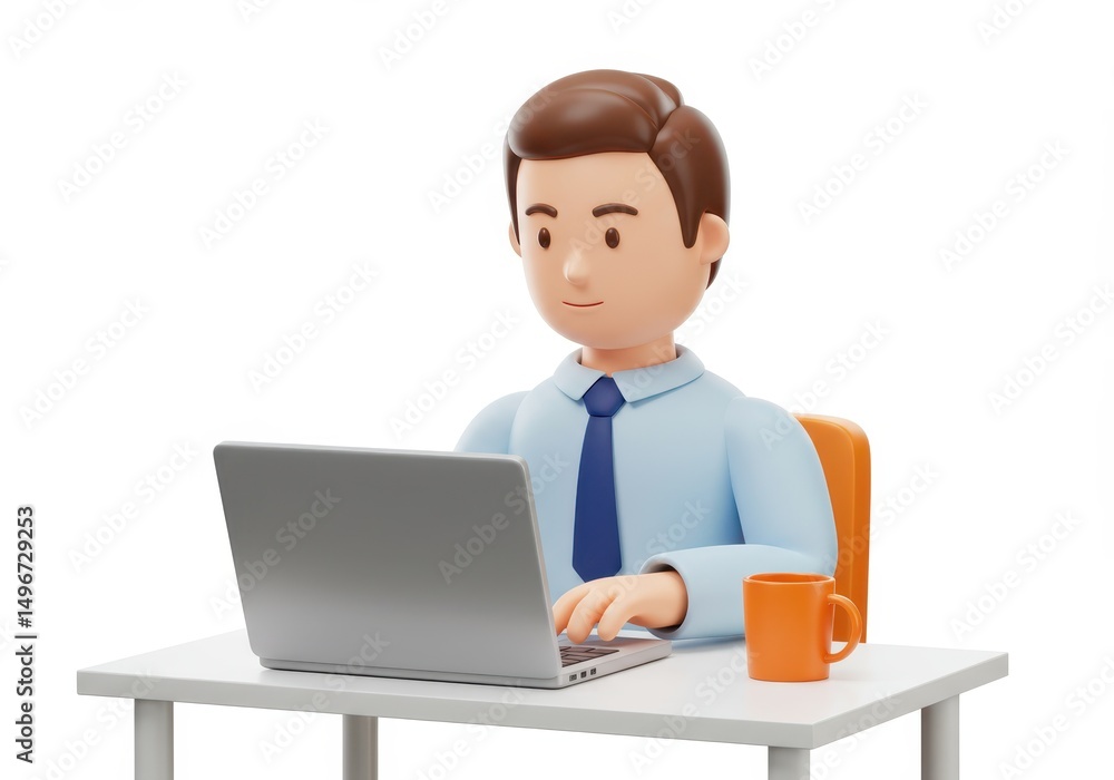 3D Illustration of Cartoon businessman working on laptop at desk isolated on white background 3D Illustration of Cartoon businessman working on laptop at desk isolated on white background
