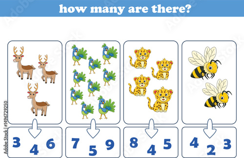 Counting game of wild animals for preschool kids. Printable. Vector Illustration