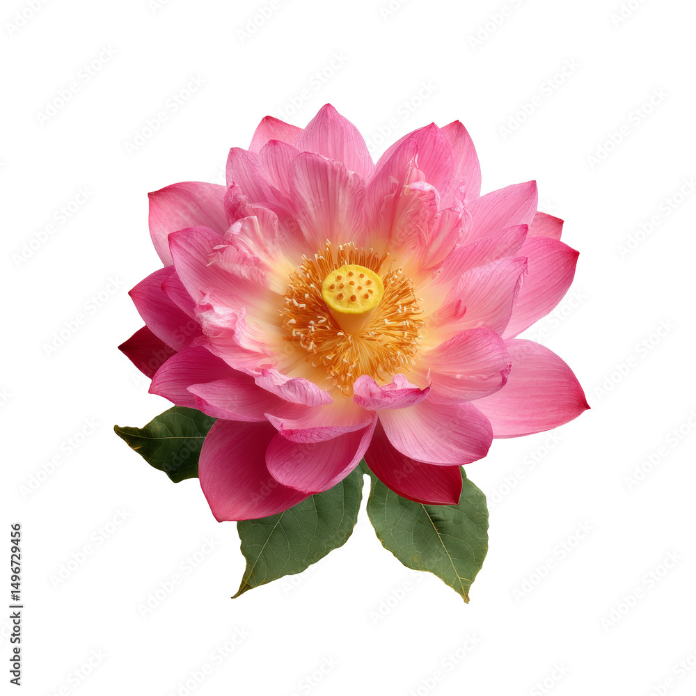 Obraz premium [Transparent Background PNG]Beautiful Pink Lotus Flower with Green Leaves
