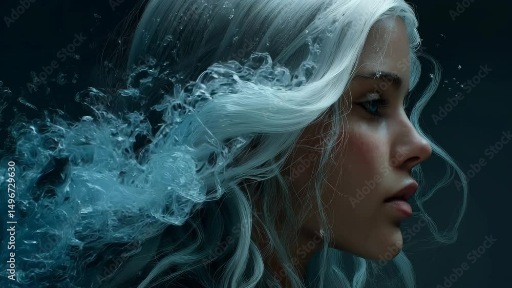 Ocean waves flowing from woman’s hair in surreal style Ocean waves flowing from woman’s hair in surreal style