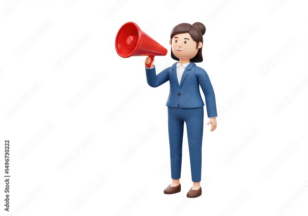 3D Illustration of Cartoon businesswoman with red megaphone isolated on white background 3D Illustration of Cartoon businesswoman with red megaphone isolated on white background